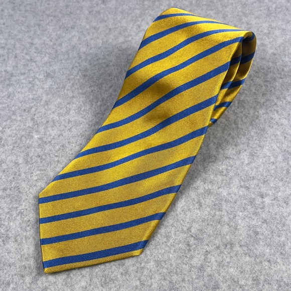 David Donahue Men's Silk Tie Yellow Blue Stripe Necktie Handmade USA Italy - Picture 1 of 6